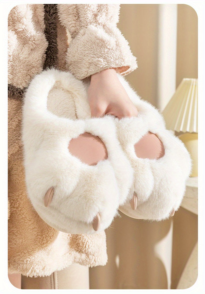 Kawaii Cat Plush Slippers, Warm Fuzzy Slip-On Mules for Women, Cozy Home Slippers