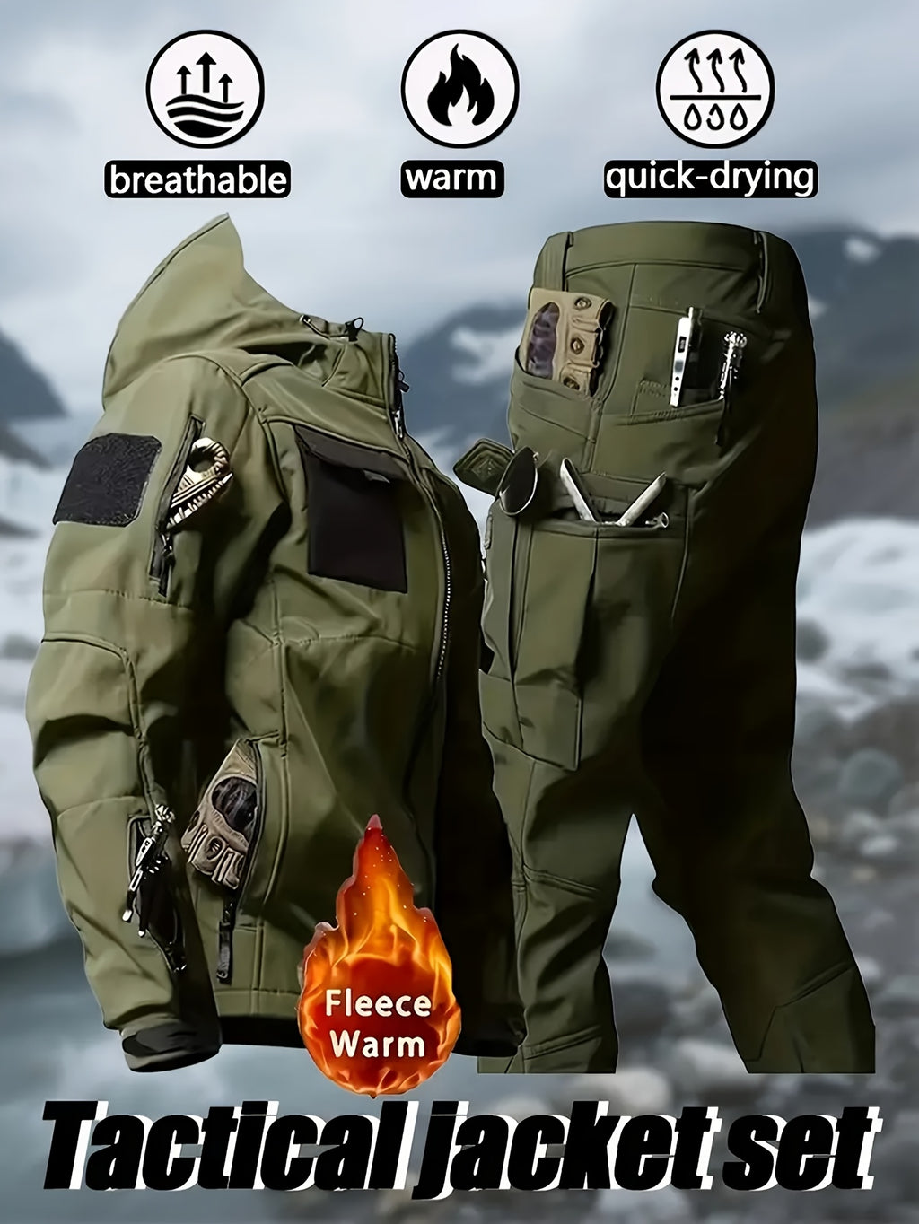 Men's 2pcs Fleece-Lined Hooded Jacket & Pants Set - Windproof Softshell Winter Clothing, Full-Zip Mummy-Like Zipper, Multi-Pocket Shell (Grey/Black) for Skiing, Hiking, Snow Sports - Thermal Outfit, Mens Clothes, Workwear For