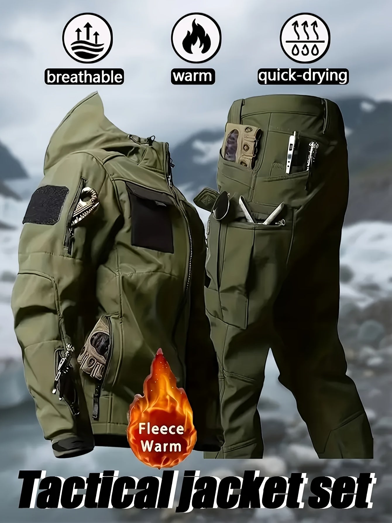 Men's 2pcs Fleece-Lined Hooded Jacket & Pants Set - Windproof Softshell Winter Clothing, Full-Zip Mummy-Like Zipper, Multi-Pocket Shell (Grey/Black) for Skiing, Hiking, Snow Sports - Thermal Outfit, Mens Clothes, Workwear For