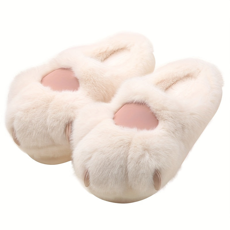 Kawaii Cat Plush Slippers, Warm Fuzzy Slip-On Mules for Women, Cozy Home Slippers