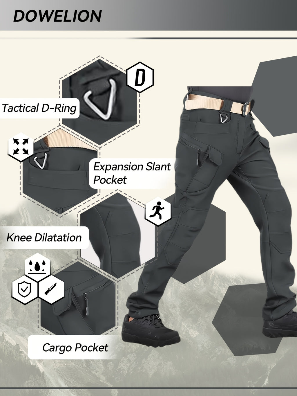 Men's 2pcs Fleece-Lined Hooded Jacket & Pants Set - Windproof Softshell Winter Clothing, Full-Zip Mummy-Like Zipper, Multi-Pocket Shell (Grey/Black) for Skiing, Hiking, Snow Sports - Thermal Outfit, Mens Clothes, Workwear For