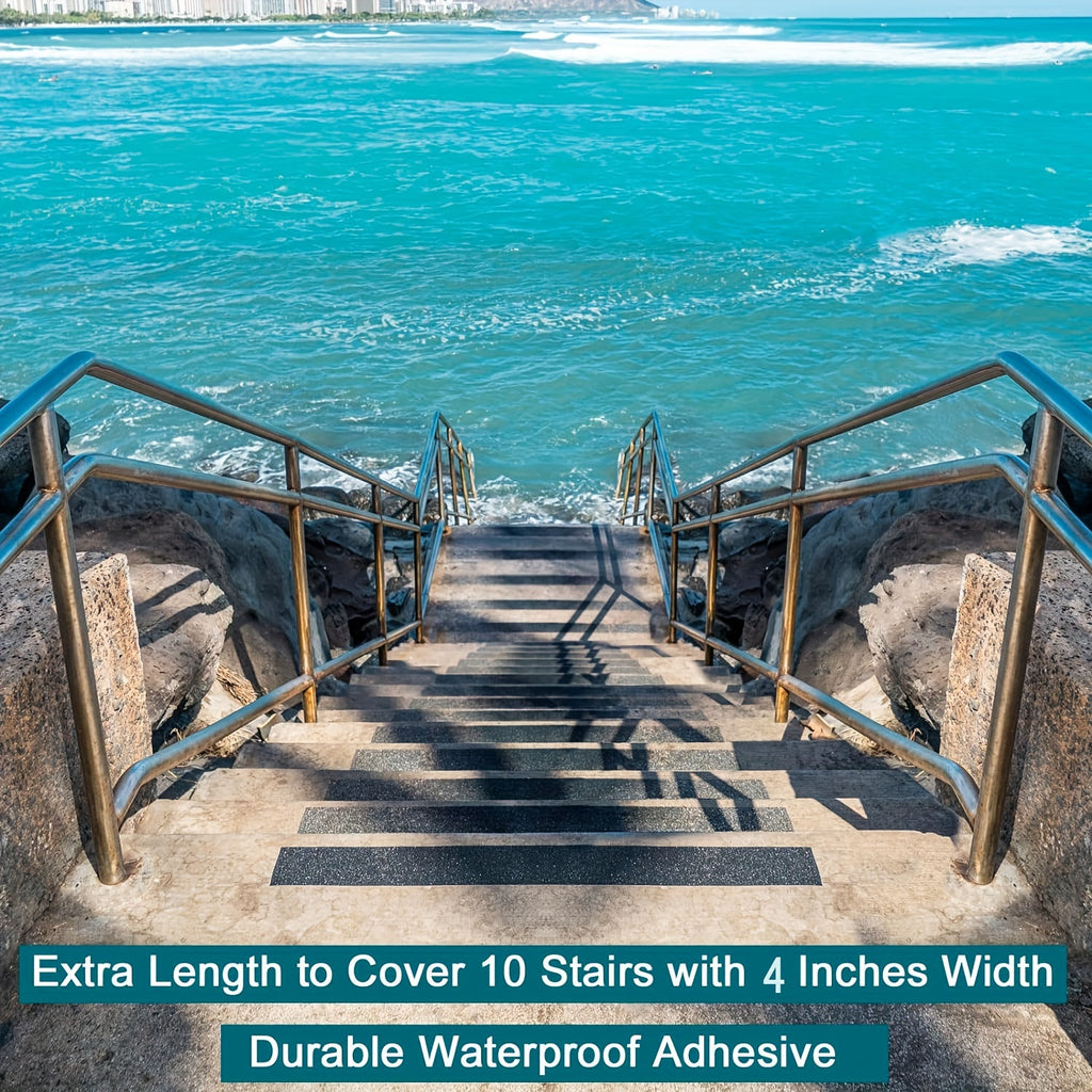 Heavy Duty Non-Slip Outdoor Stair Treads - 4x30 Inch (10-Pack) Industrial/Sturdy Adhesive Step Grips with Pre-Cut 80 Grit Anti-Slip Tape - All-Weather Vinyl Treads for Stairs, Decks, Skateboards, Commercial/Residential Use -
