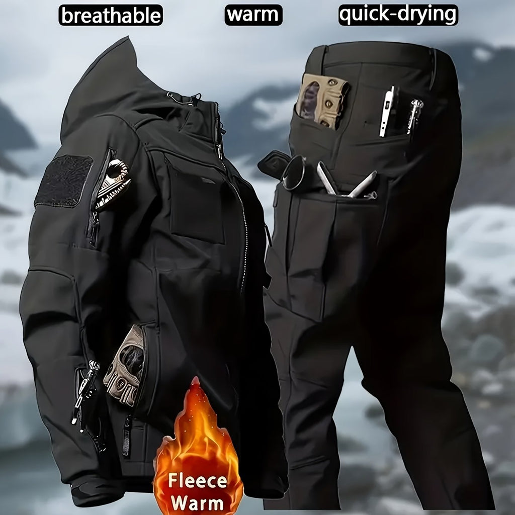 Men's 2pcs Fleece-Lined Hooded Jacket & Pants Set - Windproof Softshell Winter Clothing, Full-Zip Mummy-Like Zipper, Multi-Pocket Shell (Grey/Black) for Skiing, Hiking, Snow Sports - Thermal Outfit, Mens Clothes, Workwear For