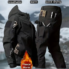 Men's 2pcs Fleece-Lined Hooded Jacket & Pants Set - Windproof Softshell Winter Clothing, Full-Zip Mummy-Like Zipper, Multi-Pocket Shell (Grey/Black) for Skiing, Hiking, Snow Sports - Thermal Outfit, Mens Clothes, Workwear For