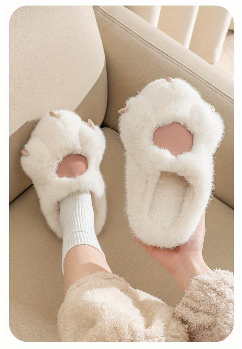Kawaii Cat Plush Slippers, Warm Fuzzy Slip-On Mules for Women, Cozy Home Slippers