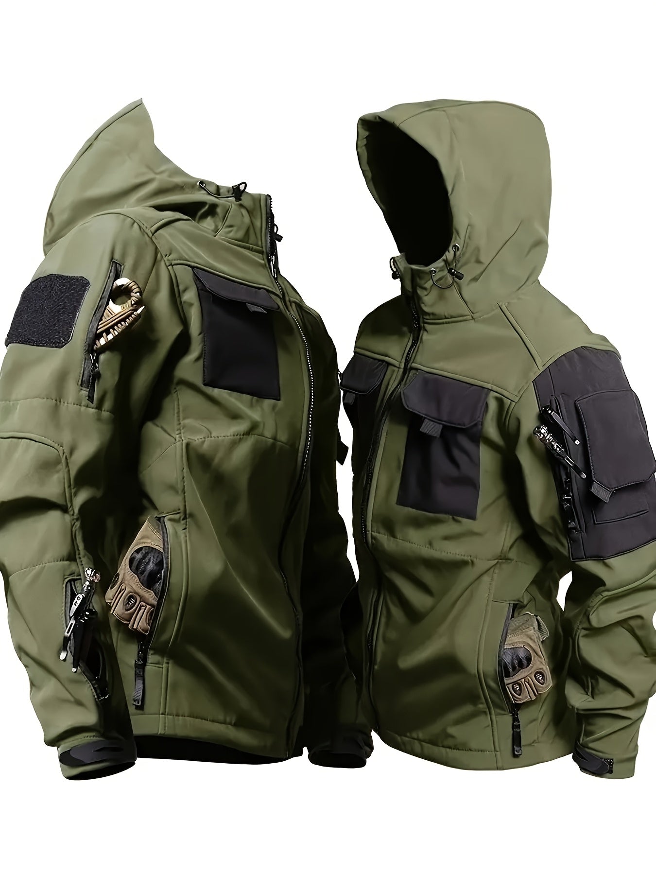 Men's 2pcs Fleece-Lined Hooded Jacket & Pants Set - Windproof Softshell Winter Clothing, Full-Zip Mummy-Like Zipper, Multi-Pocket Shell (Grey/Black) for Skiing, Hiking, Snow Sports - Thermal Outfit, Mens Clothes, Workwear For