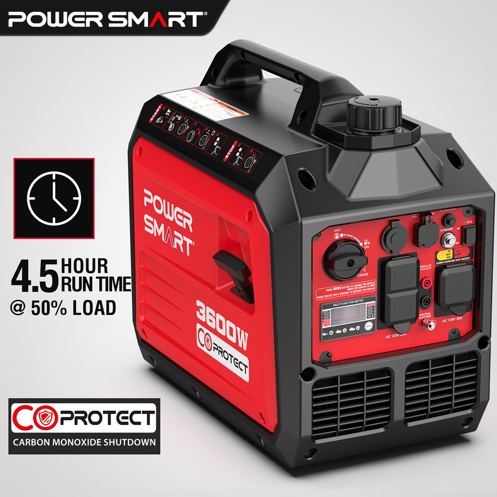 PowerSmart Generator, Camping Gear and Equipment, 3600 Watt Super Quiet Portable Inverter Generator,Gas Powered, RV Ready, Paral