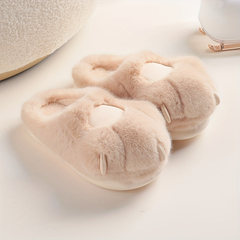 Kawaii Cat Plush Slippers, Warm Fuzzy Slip-On Mules for Women, Cozy Home Slippers