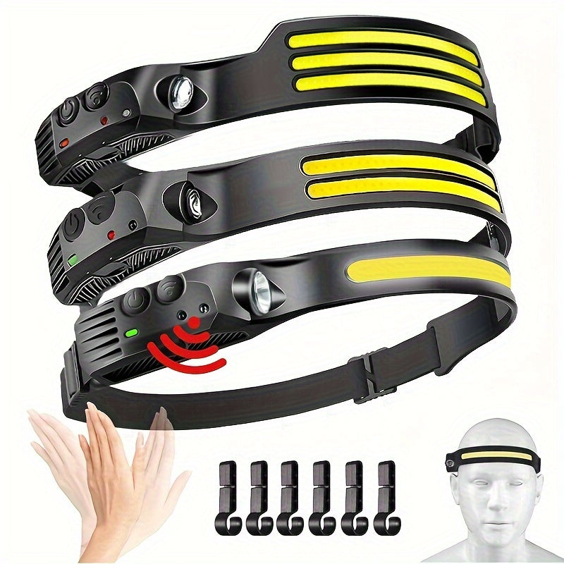 3pcs Rechargeable Headlamp + 6 Hooks Set, 230° Wide Beam Head Lamp, Motion Sensor COB&LED Headlamp Rechargeable, 5 Mode Headlamps For Adults, Bright Head Lights For Forehead, Hard Hat Headlight, Headband Flashlight For Work,