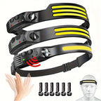 3pcs Rechargeable Headlamp + 6 Hooks Set, 230° Wide Beam Head Lamp, Motion Sensor COB&LED Headlamp Rechargeable, 5 Mode Headlamps For Adults, Bright Head Lights For Forehead, Hard Hat Headlight, Headband Flashlight For Work,