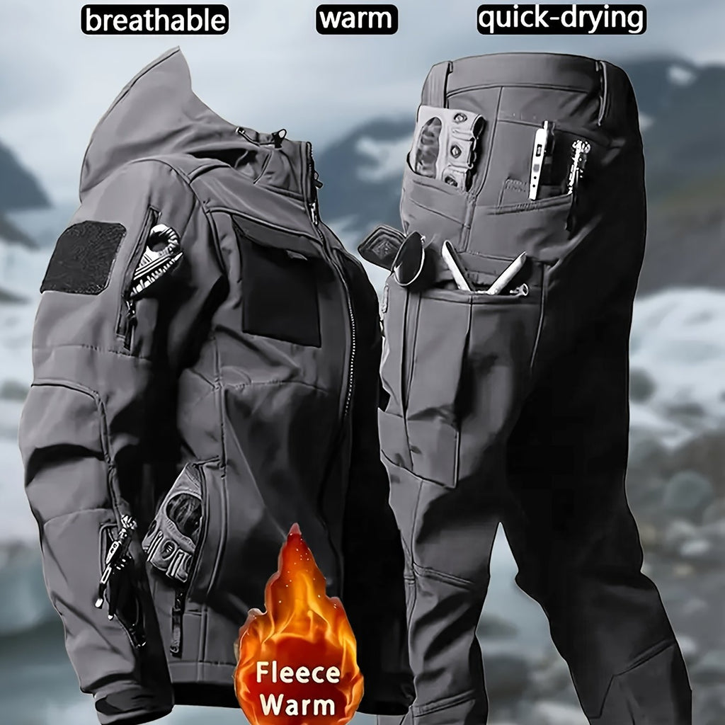 Men's 2pcs Fleece-Lined Hooded Jacket & Pants Set - Windproof Softshell Winter Clothing, Full-Zip Mummy-Like Zipper, Multi-Pocket Shell (Grey/Black) for Skiing, Hiking, Snow Sports - Thermal Outfit, Mens Clothes, Workwear For