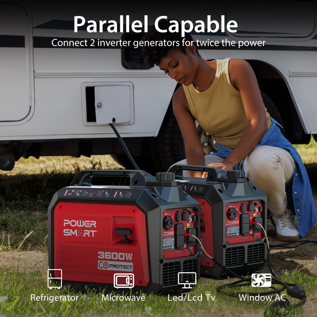 PowerSmart Generator, Camping Gear and Equipment, 3600 Watt Super Quiet Portable Inverter Generator,Gas Powered, RV Ready, Paral