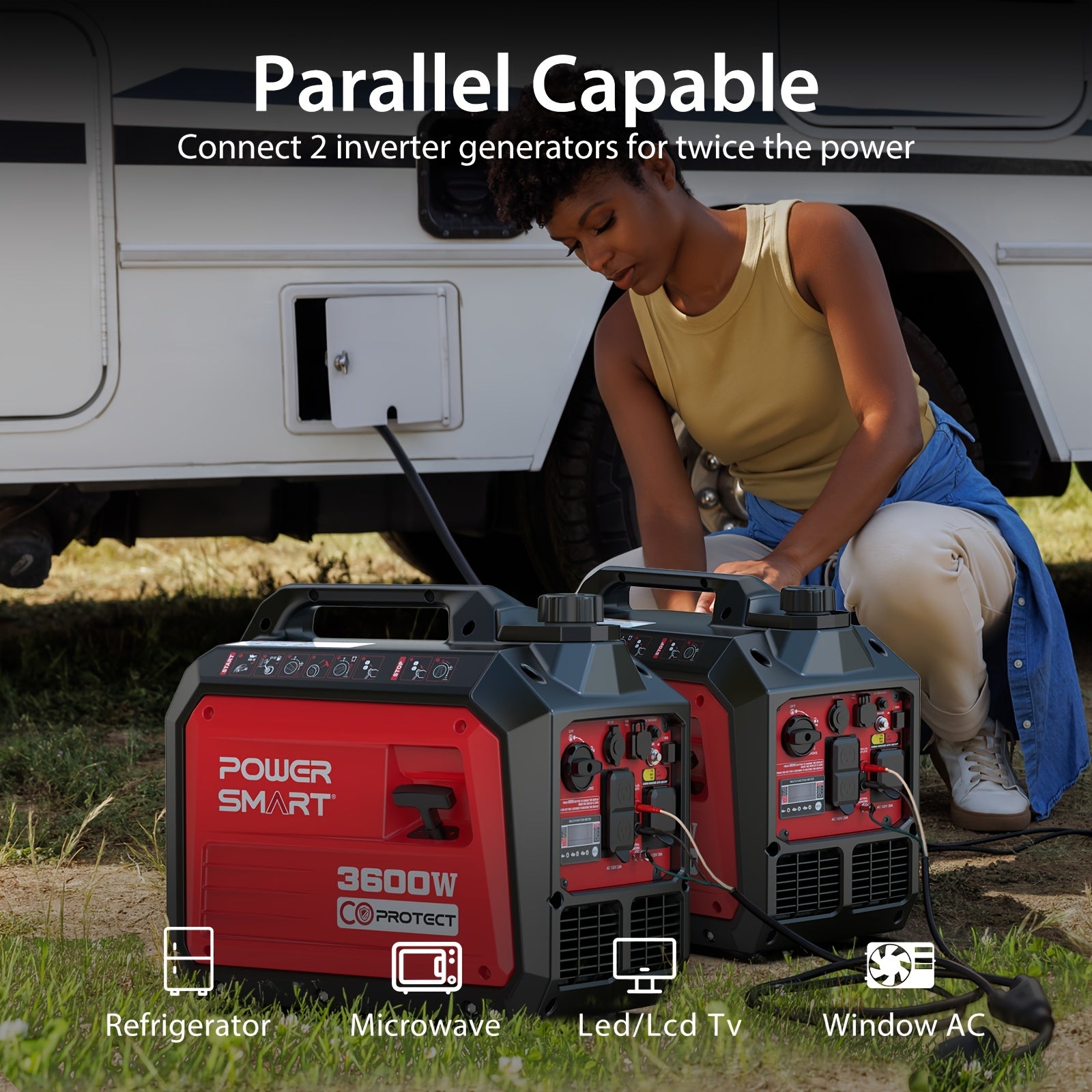 PowerSmart Generator, Camping Gear and Equipment, 3600 Watt Super Quiet Portable Inverter Generator,Gas Powered, RV Ready, Paral