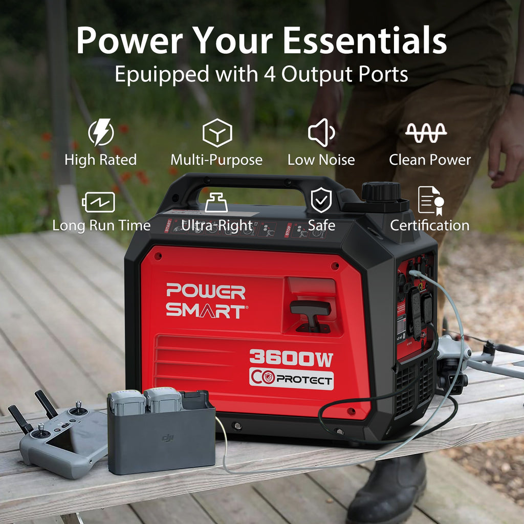 PowerSmart Generator, Camping Gear and Equipment, 3600 Watt Super Quiet Portable Inverter Generator,Gas Powered, RV Ready, Paral