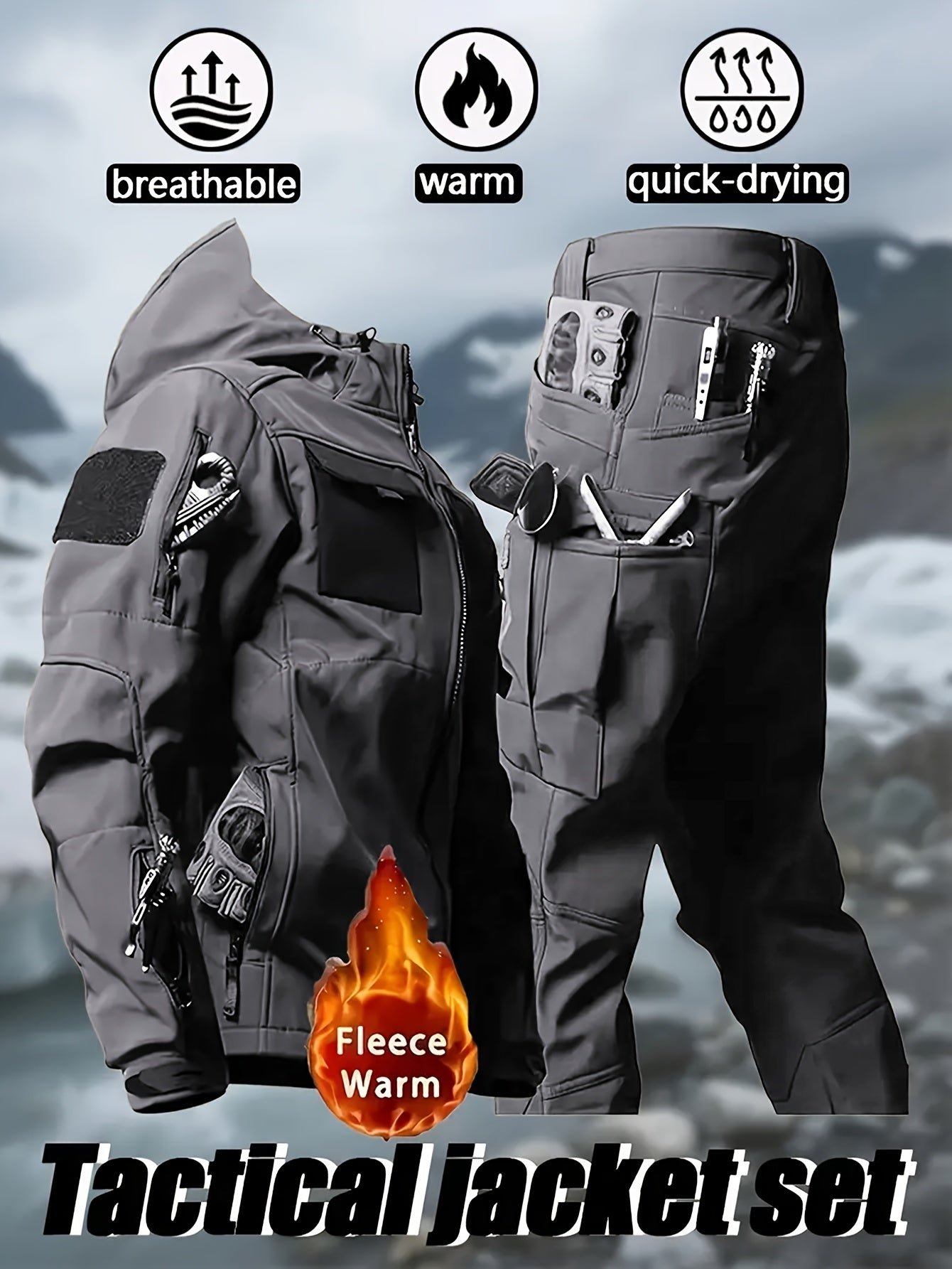 Men's 2pcs Fleece-Lined Hooded Jacket & Pants Set - Windproof Softshell Winter Clothing, Full-Zip Mummy-Like Zipper, Multi-Pocket Shell (Grey/Black) for Skiing, Hiking, Snow Sports - Thermal Outfit, Mens Clothes, Workwear For