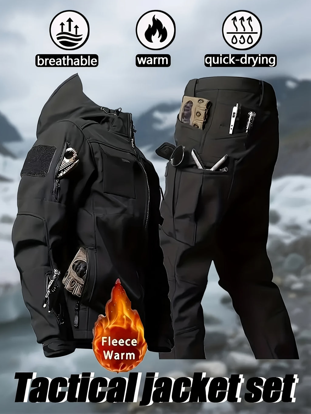 Men's 2pcs Fleece-Lined Hooded Jacket & Pants Set - Windproof Softshell Winter Clothing, Full-Zip Mummy-Like Zipper, Multi-Pocket Shell (Grey/Black) for Skiing, Hiking, Snow Sports - Thermal Outfit, Mens Clothes, Workwear For