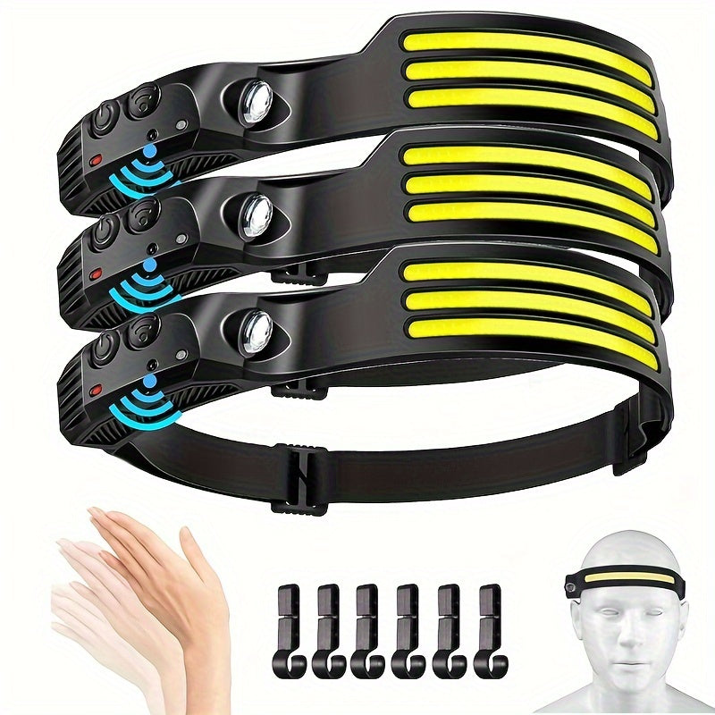 3pcs Rechargeable Headlamp + 6 Hooks Set, 230° Wide Beam Head Lamp, Motion Sensor COB&LED Headlamp Rechargeable, 5 Mode Headlamps For Adults, Bright Head Lights For Forehead, Hard Hat Headlight, Headband Flashlight For Work,