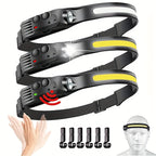 3pcs Rechargeable Headlamp + 6 Hooks Set, 230° Wide Beam Head Lamp, Motion Sensor COB&LED Headlamp Rechargeable, 5 Mode Headlamps For Adults, Bright Head Lights For Forehead, Hard Hat Headlight, Headband Flashlight For Work,
