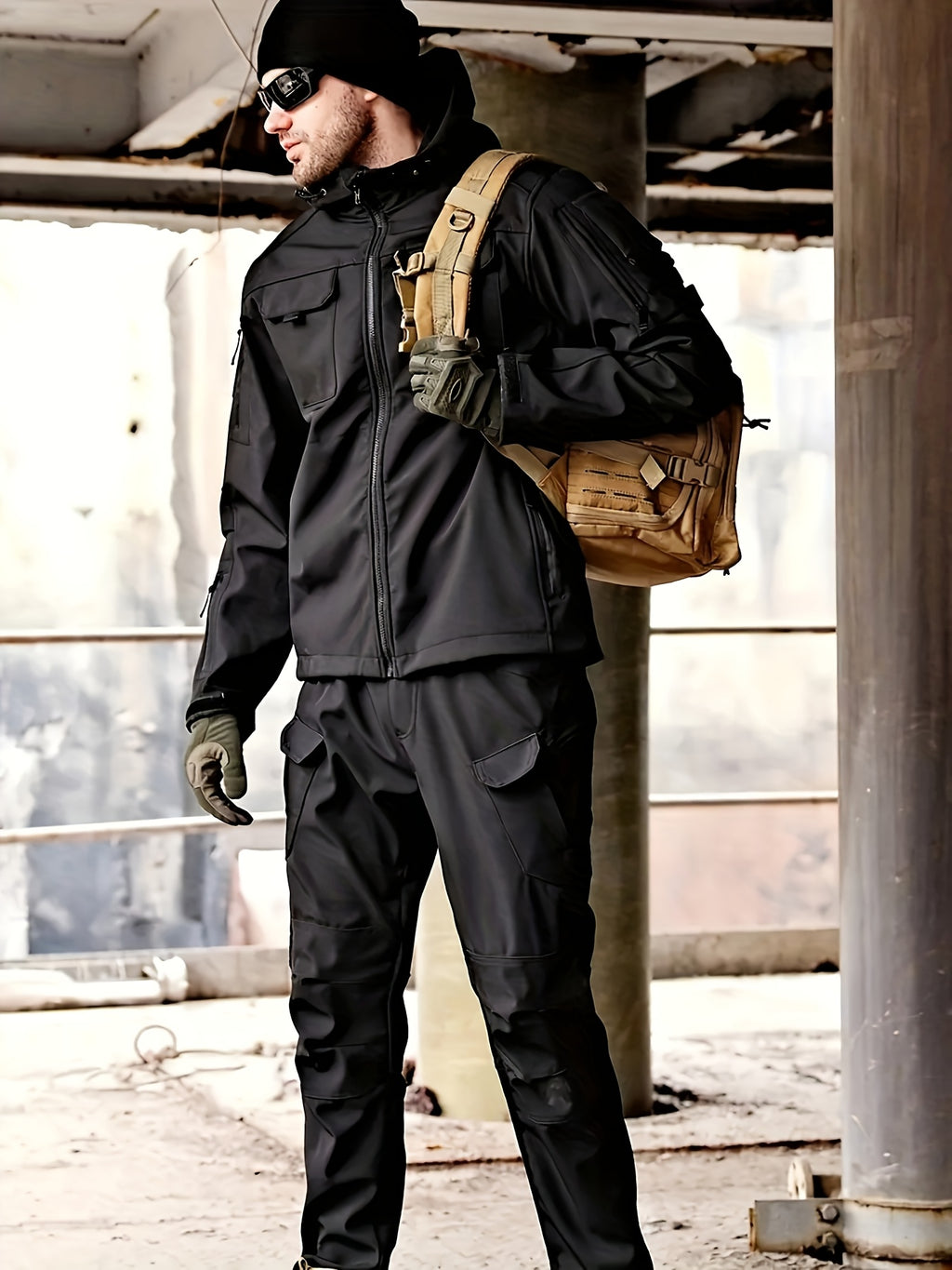 Men's 2pcs Fleece-Lined Hooded Jacket & Pants Set - Windproof Softshell Winter Clothing, Full-Zip Mummy-Like Zipper, Multi-Pocket Shell (Grey/Black) for Skiing, Hiking, Snow Sports - Thermal Outfit, Mens Clothes, Workwear For