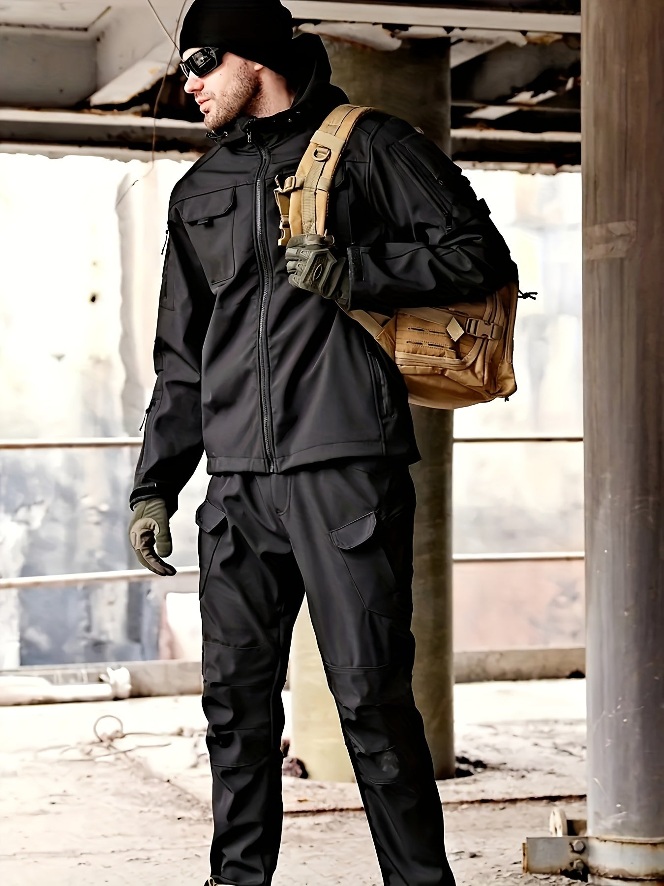 Men's 2pcs Fleece-Lined Hooded Jacket & Pants Set - Windproof Softshell Winter Clothing, Full-Zip Mummy-Like Zipper, Multi-Pocket Shell (Grey/Black) for Skiing, Hiking, Snow Sports - Thermal Outfit, Mens Clothes, Workwear For