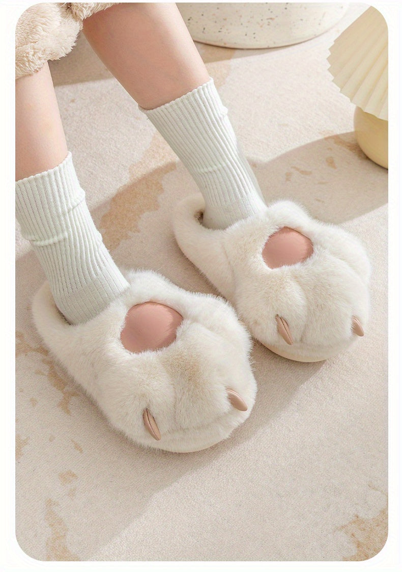 Kawaii Cat Plush Slippers, Warm Fuzzy Slip-On Mules for Women, Cozy Home Slippers