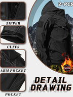 Men's 2pcs Fleece-Lined Hooded Jacket & Pants Set - Windproof Softshell Winter Clothing, Full-Zip Mummy-Like Zipper, Multi-Pocket Shell (Grey/Black) for Skiing, Hiking, Snow Sports - Thermal Outfit, Mens Clothes, Workwear For