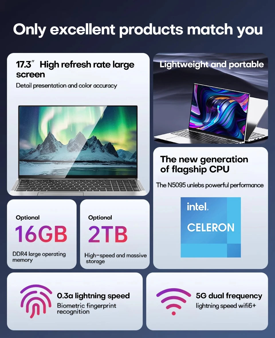 17.3" Computer Laptop intel Celeron N5095 16GB DDR4 1TB SSD Windows 11 Fingerprint Office Laptops Notebook Computer Portable PC
