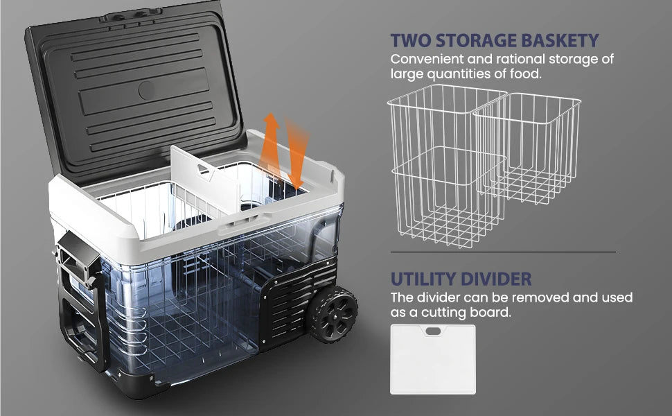 SIMZLIFE 35/50L Car Refrigerator, 12V/24V,110-240V,Portable Freezer,-4℉~68℉ Fridge with Wheel and Basket,For Travel,Camping,RV