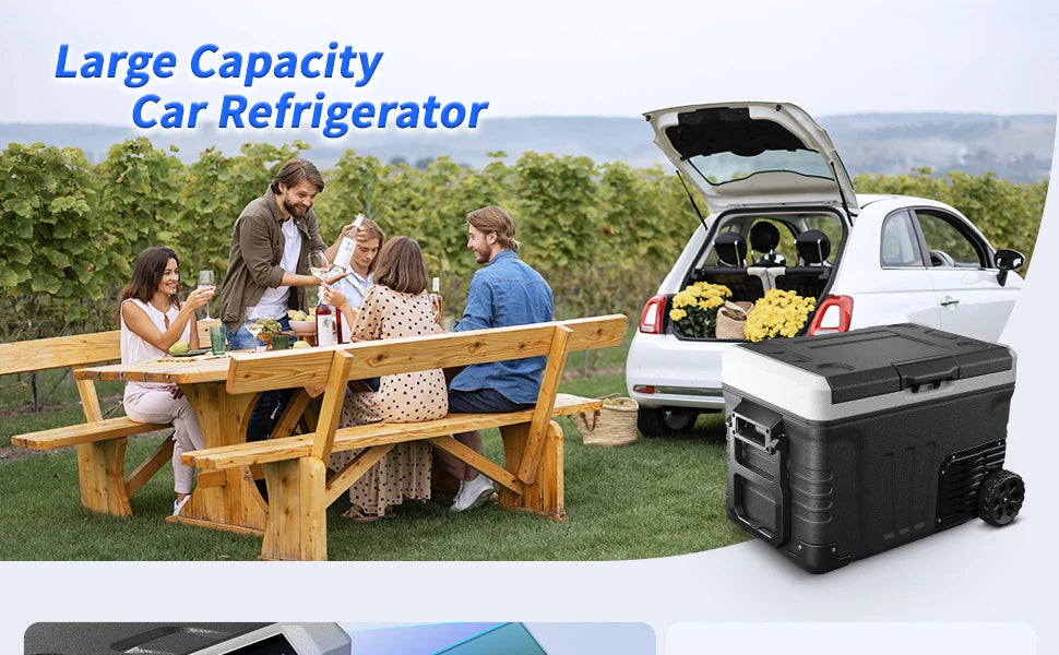 SIMZLIFE 35/50L Car Refrigerator, 12V/24V,110-240V,Portable Freezer,-4℉~68℉ Fridge with Wheel and Basket,For Travel,Camping,RV