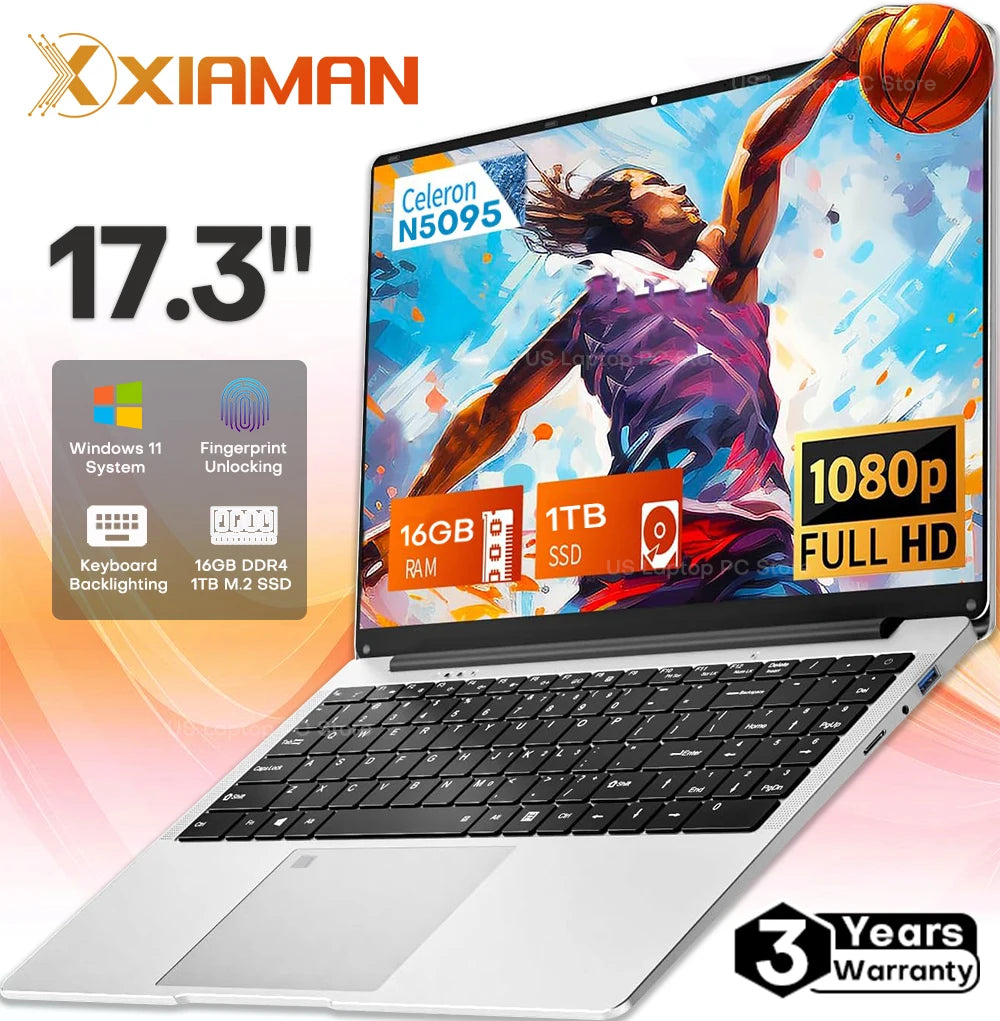 17.3" Computer Laptop intel Celeron N5095 16GB DDR4 1TB SSD Windows 11 Fingerprint Office Laptops Notebook Computer Portable PC