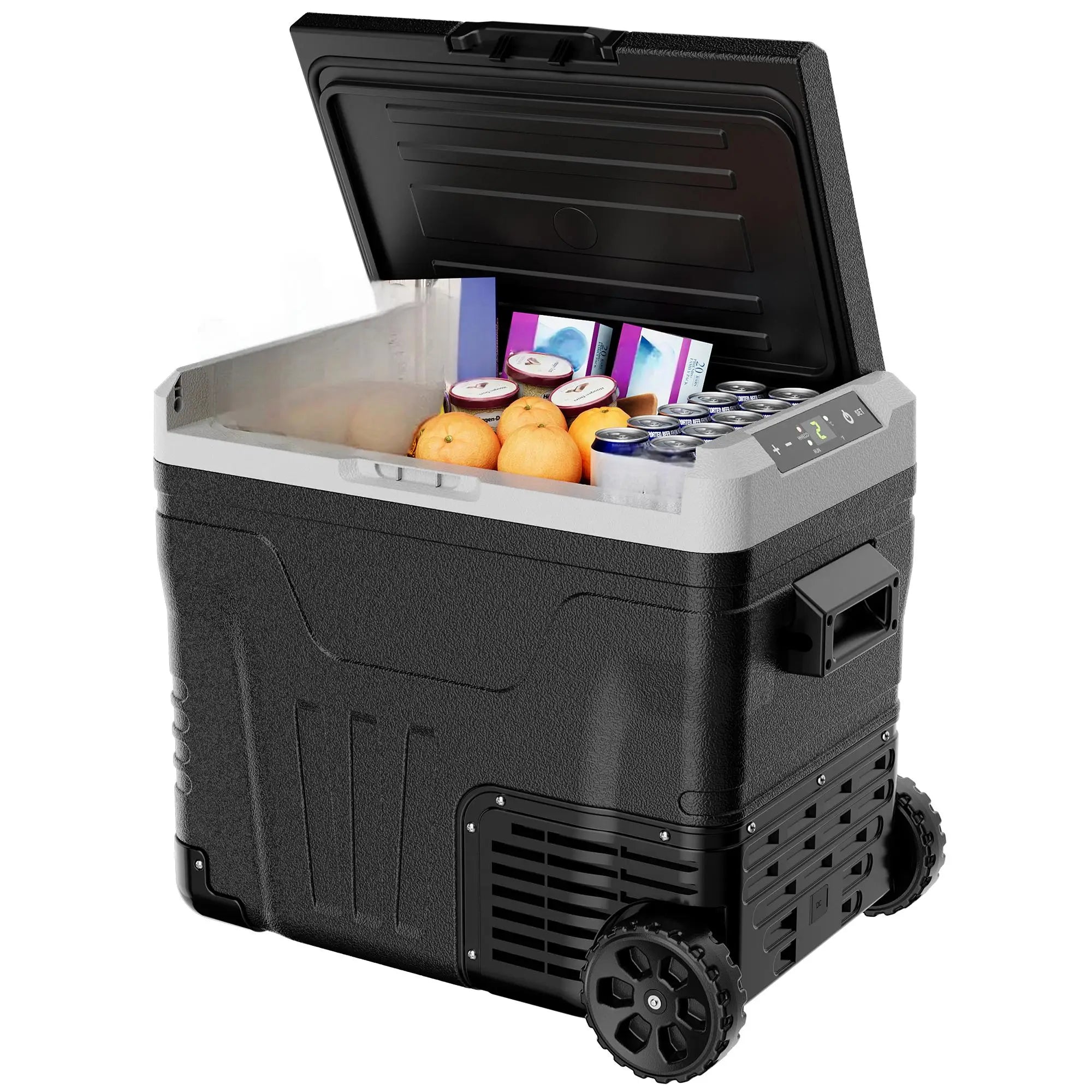 SIMZLIFE 35/50L Car Refrigerator, 12V/24V,110-240V,Portable Freezer,-4℉~68℉ Fridge with Wheel and Basket,For Travel,Camping,RV