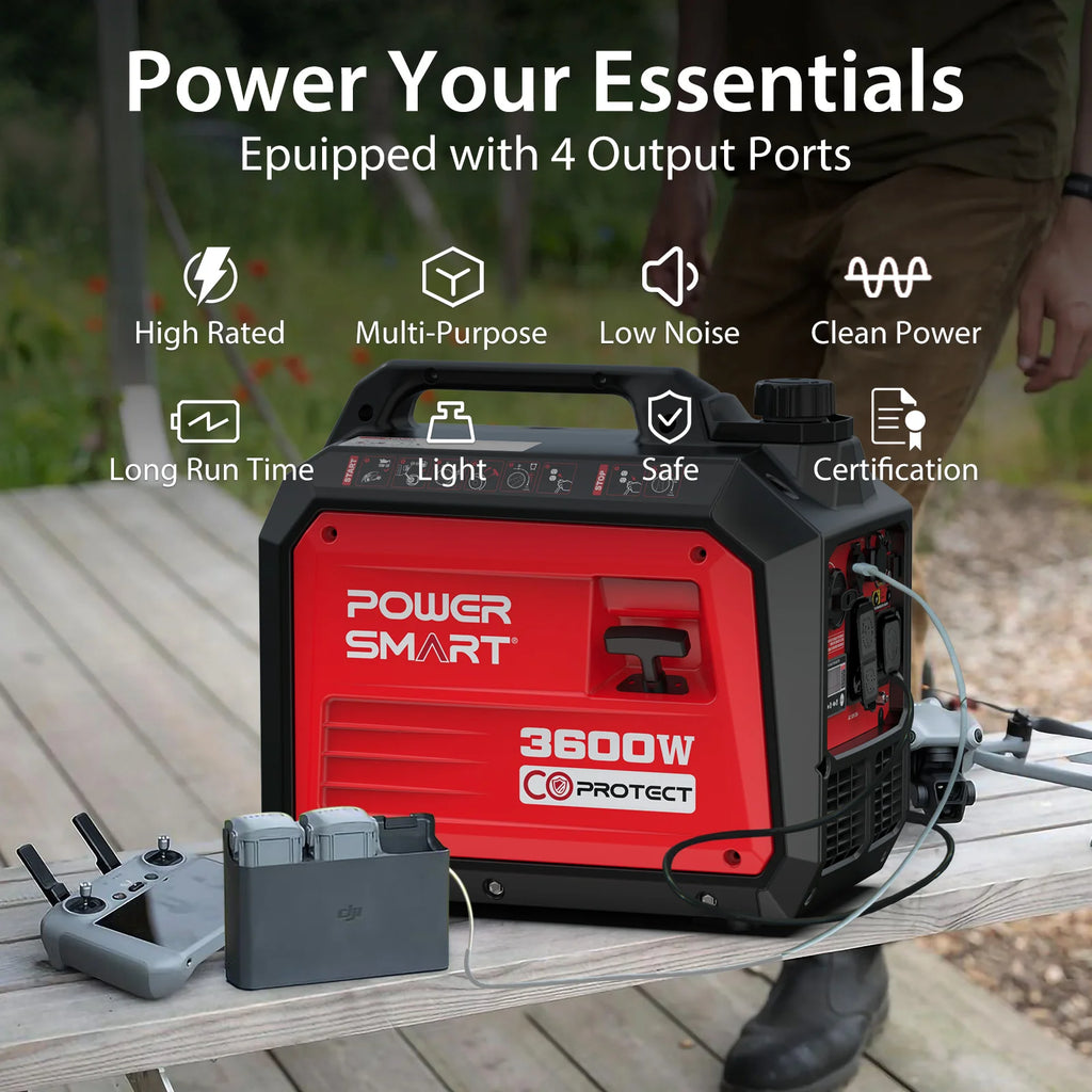 PowerSmart Generator, Camping Gear and Equipment, 3600 Watt Super Quiet Portable Inverter Generator,Gas Powered, RV Ready, Paral