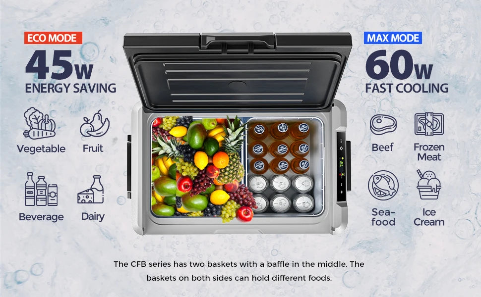 SIMZLIFE 35/50L Car Refrigerator, 12V/24V,110-240V,Portable Freezer,-4℉~68℉ Fridge with Wheel and Basket,For Travel,Camping,RV