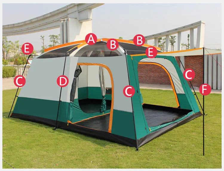5-8/8-12 Person Outdoor Canopy Tent, Two Bedroom One Living Room Large Tent Mosquito Proof Skylight Family Travel Outing Equipm