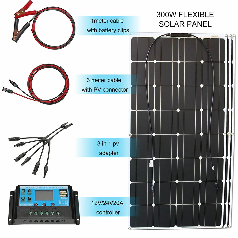 12v flexible solar panel kit 100w 200w 300w solar panels with solar controller for boat car RV and battery charger