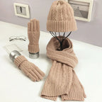 Fashion Ladies New Autumn Winter Warm Solid Color Scarf Hat Glove Sets Women Thick Knit Soft Knitted Woollen Set