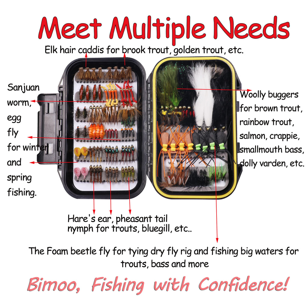 Bimoo 120pcs Wet Dry Nymph Fishing Fly Kit Woolly Buggers Streamers Emerger Worms Bass Trout Grayling Panfish Fishing Lure Bait