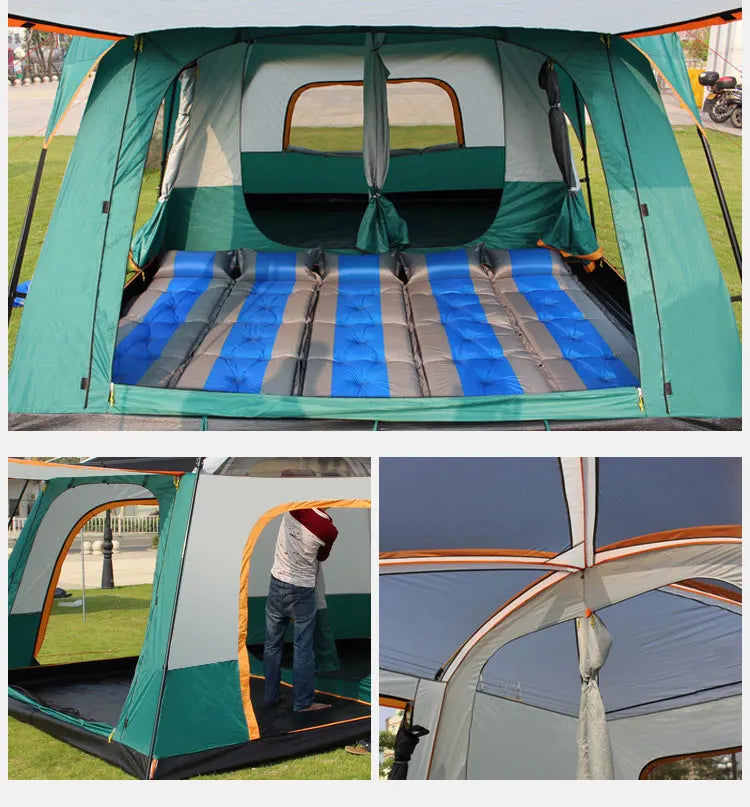 5-8/8-12 Person Outdoor Canopy Tent, Two Bedroom One Living Room Large Tent Mosquito Proof Skylight Family Travel Outing Equipm