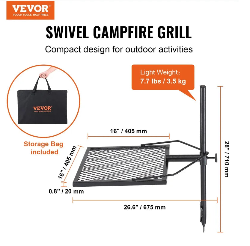 VEVOR Swivel Campfire Grill, Fire Pit Grill Grate Over Fire Pits Heavy Duty Steel Grill Grates 360° Adjustable Open Fire Outdoor