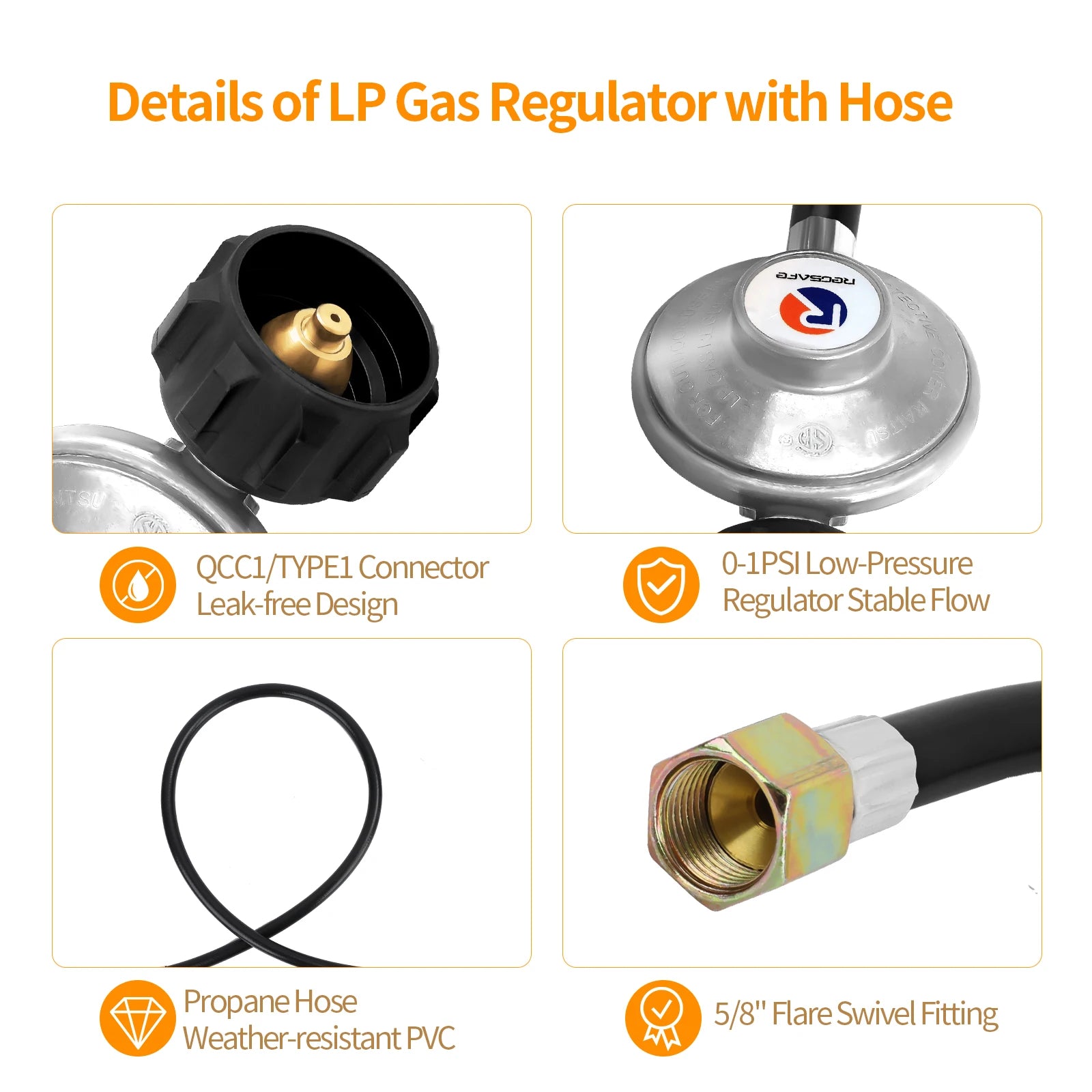 Gas Grill Regulator with LPG Hose 6 Feet Low Pressure 25-250PSI for Most LP Gas Grill like Weber, Heater and Fire Pit