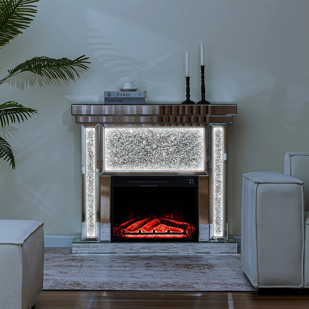 43'' W Crushed Diamonds Mirrored Electric Fireplace & Heater With LED Flame