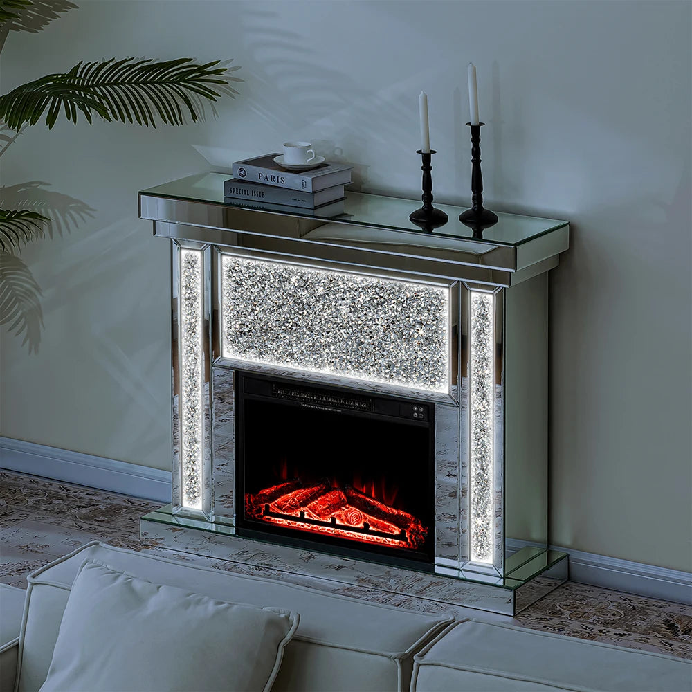 43'' W Crushed Diamonds Mirrored Electric Fireplace & Heater With LED Flame
