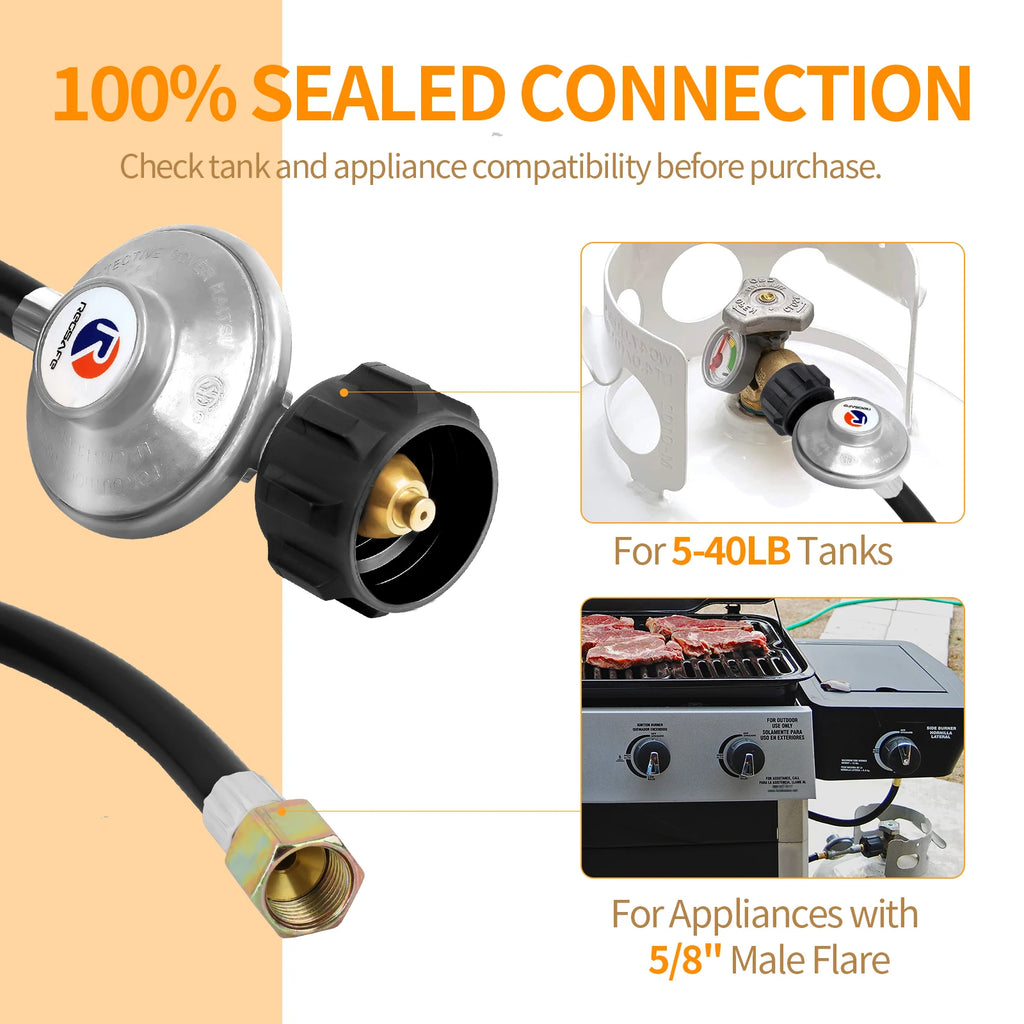 Gas Grill Regulator with LPG Hose 6 Feet Low Pressure 25-250PSI for Most LP Gas Grill like Weber, Heater and Fire Pit