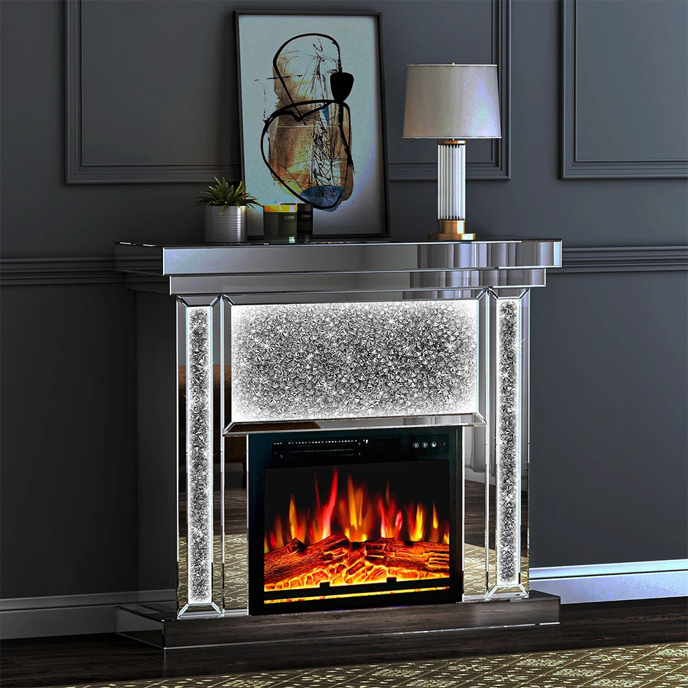 43'' W Crushed Diamonds Mirrored Electric Fireplace & Heater With LED Flame