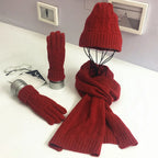 Fashion Ladies New Autumn Winter Warm Solid Color Scarf Hat Glove Sets Women Thick Knit Soft Knitted Woollen Set