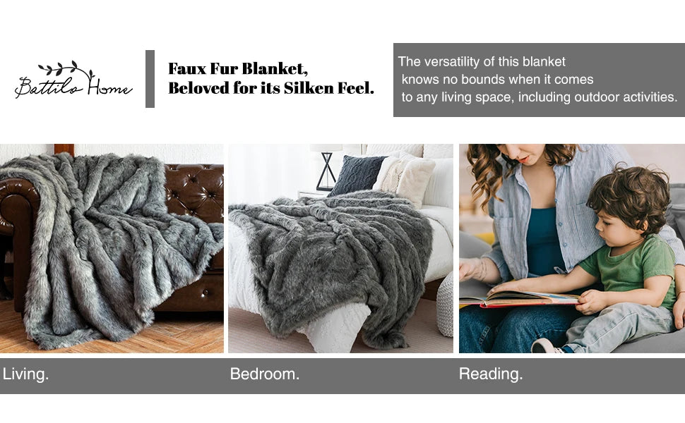 Battilo Faux Fur Throw Blanket Luxury Decorative Sofa Blankets Thick Warm Fur Blanket Soft Fluffy Plaid Throws For Bed King Size