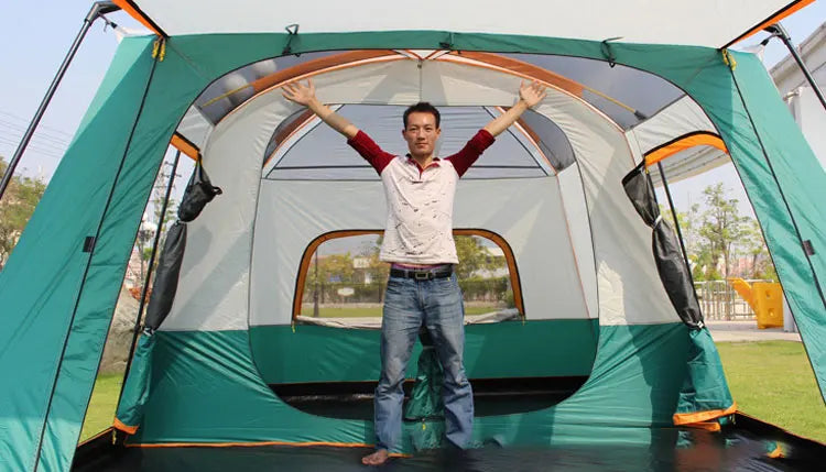 5-8/8-12 Person Outdoor Canopy Tent, Two Bedroom One Living Room Large Tent Mosquito Proof Skylight Family Travel Outing Equipm