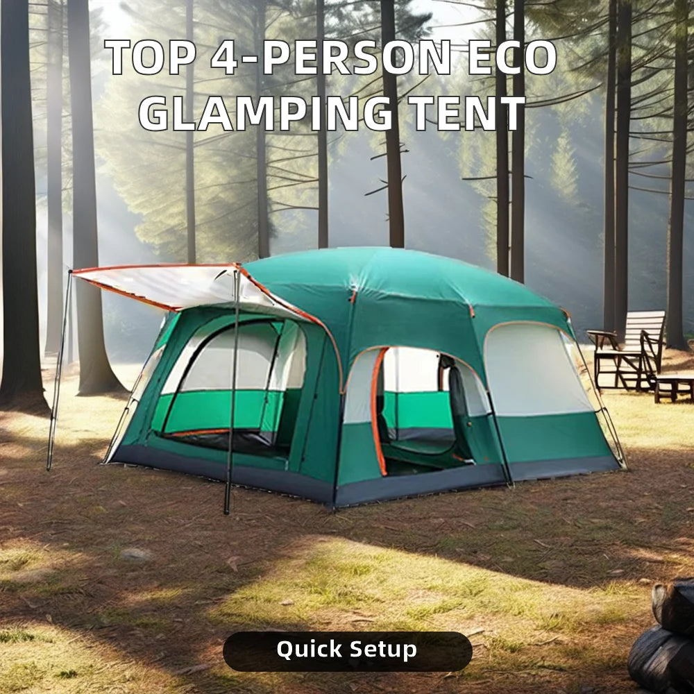 Best Selling 4-Person Large Outdoor Family Camping Eco Tent Durable Oxford Mesh Fabric Two Bedrooms Movable Aluminum Glamping