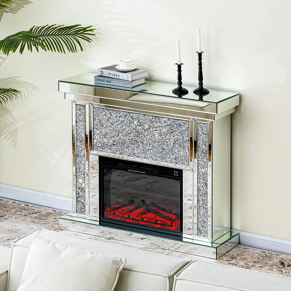 43'' W Crushed Diamonds Mirrored Electric Fireplace & Heater With LED Flame
