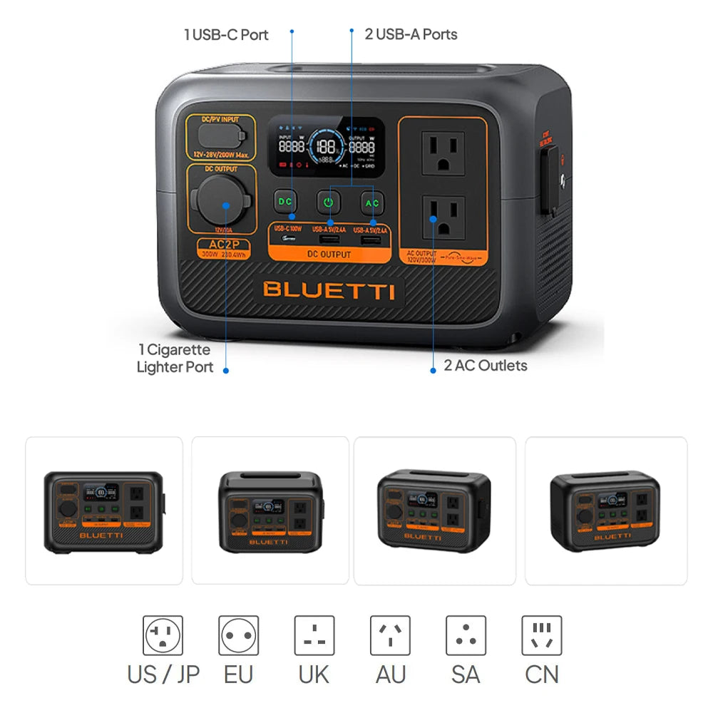 Bluetti AC2P 230 Wh 300W 600W Peak Built in UPS Emergency Solar Portable Power Station